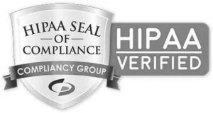 A badge with a shield reading HIPAA Seal of Compliance, Compliancy Group and a blue label beside it stating HIPAA Verified.