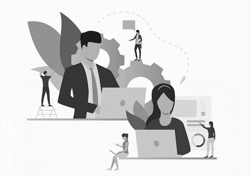 Illustration of a man in a suit and a woman with headphones working on laptops in Portland, surrounded by giant gears and small figures, symbolizing the teamwork and productivity of IT Support or Managed Services.
