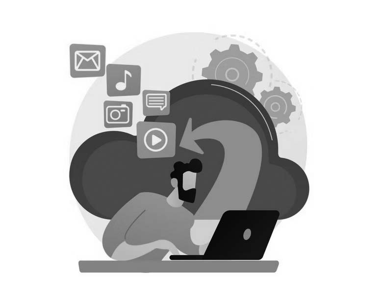 Illustration of a person using a laptop with a large cloud and gears in the background. Icons for email, music, photos, messages, and video float above, representing Portland IT services like cloud computing or Microsoft 365 support.