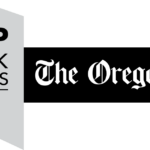 A yellow ribbon graphic reads Top Workplaces 2022 next to a blue banner featuring The Oregonian and OregonLive logos in white, highlighting Pavelcomm’s recognition.