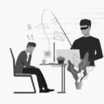 Illustration of a worried man in Portland sitting at a desk as a masked figure uses a fishing rod to steal email and financial information from his laptop, representing the dangers of cyber attacks and the need for effective phishing solutions.