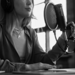 A woman wearing headphones sits at a table, speaking into a microphone on a stand. Dressed in a blue shirt and layered necklaces, she appears to be podcasting about IT Voice Solutions, gaining a competitive advantage in a studio setting.