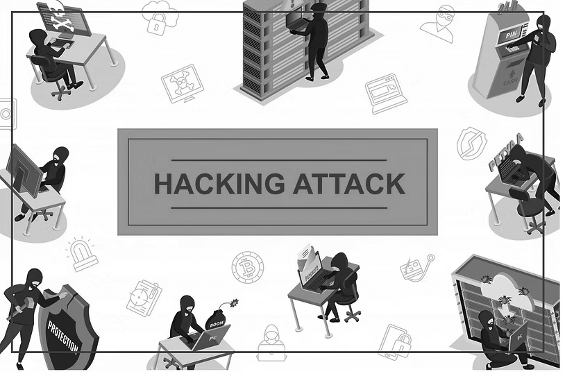 Illustration showing masked hackers at computers stealing data, breaking firewalls, and bypassing security. The words HACKING ATTACK are in the center on a blue background, highlighting the need for essential tools and phishing solutions to protect workforce data.
