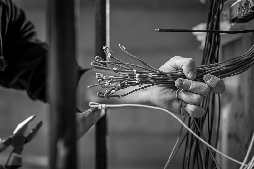 A person holds a bundle of Structured Cabling with yellow connectors, preparing for installation—a step toward future-proofing and enhancing a business network. Other wires and electrical tools are visible in the background.
