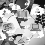 A desk with a laptop, coffee, glasses, and a notebook, overlaid with cloud computing icons—servers, databases, people, and security locks—highlighting data backup and business recovery plan connections.