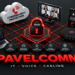 PavelComm cybersecurity awareness month protection graphic featuring a digital padlock, business phones, video conferencing, and secure IT services.