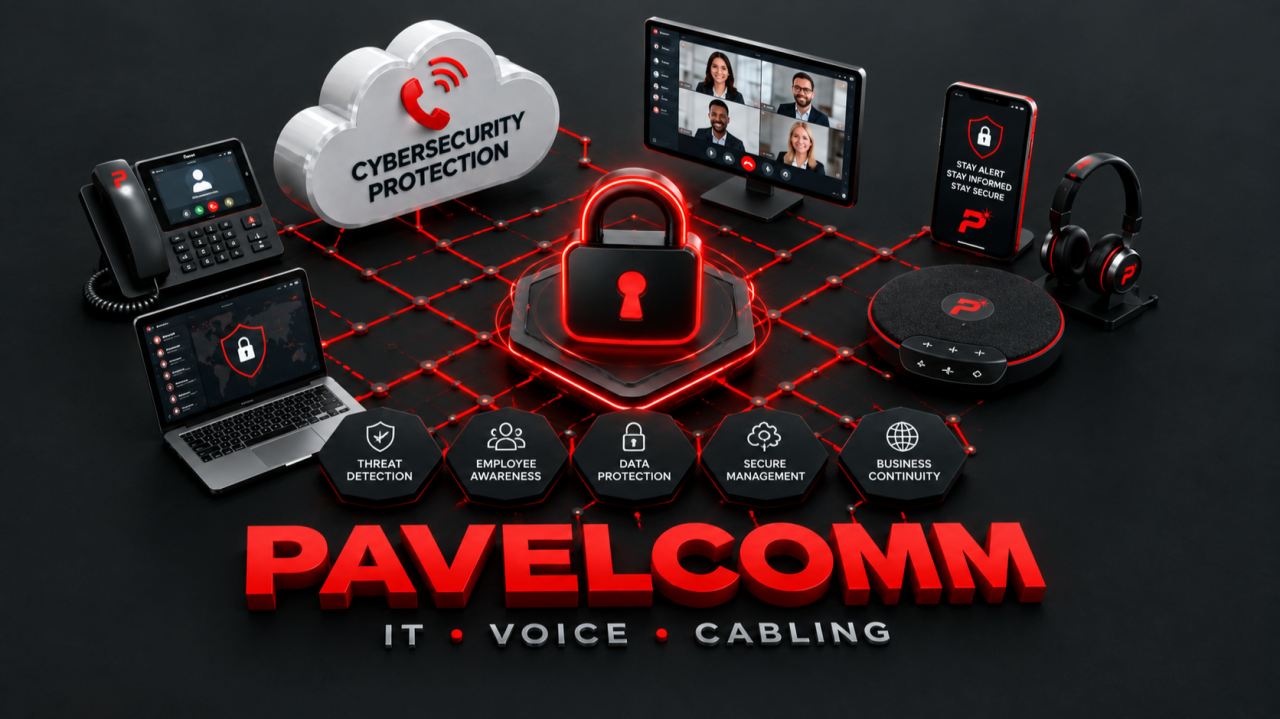 PavelComm cybersecurity awareness month protection graphic featuring a digital padlock, business phones, video conferencing, and secure IT services.